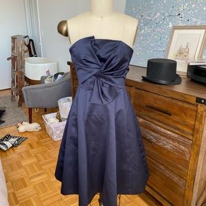 Navy satin strapless dress